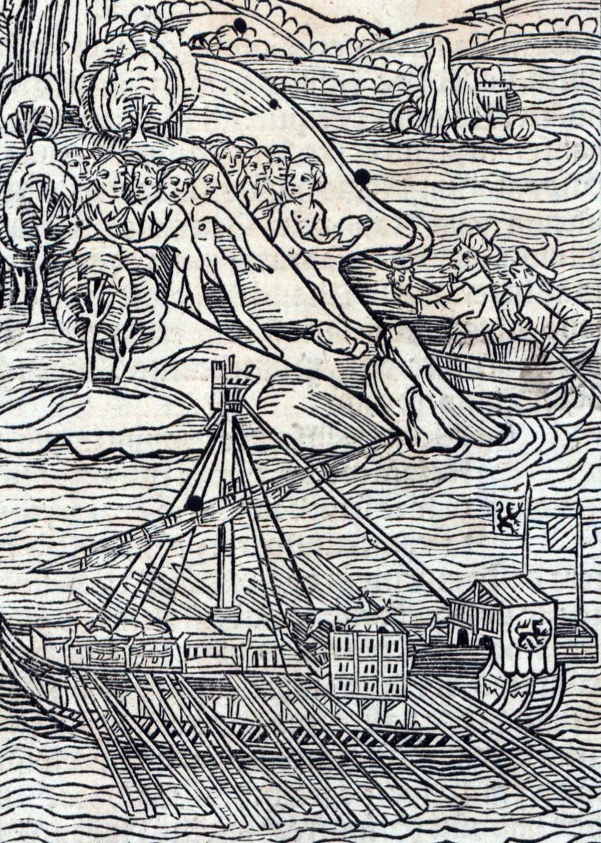 12. Oktober 1492: Kolumbus ging – entgegen seiner Überzeugung – nicht auf einer Insel vor Indien an Land, sondern auf einer Bahamasinsel, die von den Eingeborenen Guanahani genannt wurde. Holzschnitt  ...
