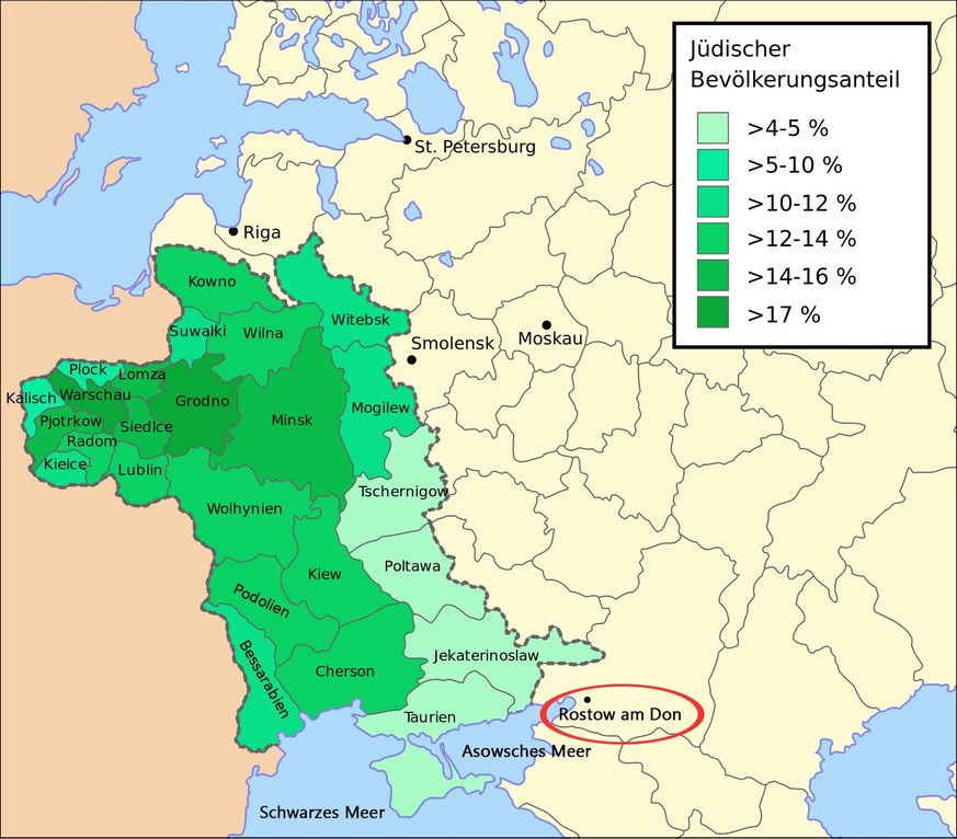 Zwischen Ende des 18. und Anfang des 20. Jahrhunderts wurde das Wohn- und Arbeitsrecht der jüdischen Bevölkerung im Russischen Kaiserreich auf den Ansiedlungsrayon beschränkt. Das Gebiet war zuvor grö ...