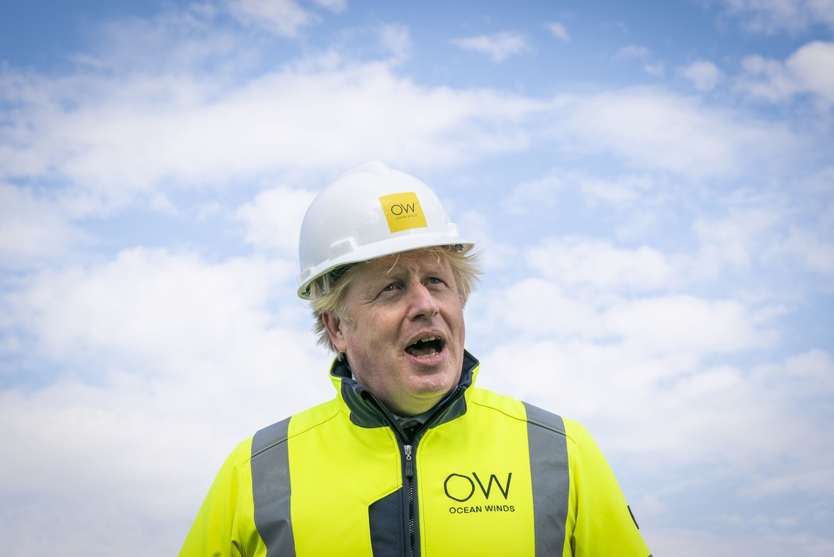 Britain's Prime Minister Boris Johnson speaks, onboard the Esvagt Alba during a visit to the Moray Offshore Windfarm East, off the Aberdeenshire coast, Scotland, Thursday, Aug. 5, 2021. (Jane Bar ...