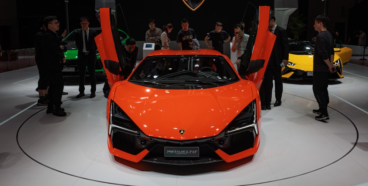 epa10580070 An Revuelto car stands on display at the Lamborghini company booth, during the second press day of the 20th Shanghai International Automobile Industry Exhibition, in Shanghai, China, 19 Ap ...