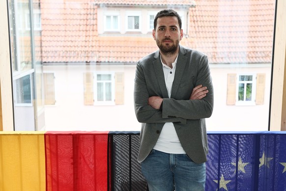 epa11422078 Ryyan Alshebl, mayor of Ostelsheim, poses for a portrait at the town hall in Ostelsheim, Germany, 15 May 2024 (issued 19 June 2024). Ryyan Alshebl, 30, was born in southern Syria, in the t ...