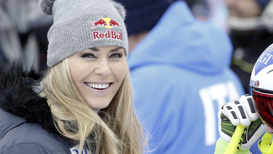 Lindsey Vonn of the US smiles in the finish area of a women&#039;s Alpine ski downhill race, in La Thuile, Italy, Saturday, Feb. 20, 2016. (AP Photo/Alessandro Trovati)