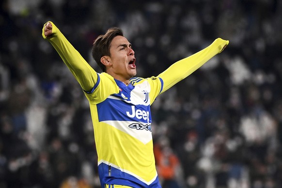 Juventus' Paulo Dybala celebrates after scoring during the Italian Cup, round of 16 soccer match between Juventus and Sampdoria, at the Allianz stadium in Turin, Italy, Tuesday, Jan. 18, 2022. (Marco Alpozzi/LaPresse via AP)