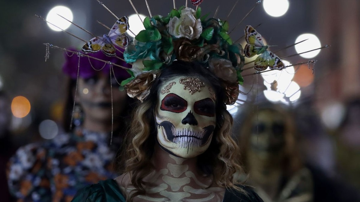 SALTILLO, MEXICO - NOVEMBER 01: A woman participates in the Xantolum parade during 'Day of the Dead' celebrations on November 1, 2022 in Saltillo, Mexico. Considered one of the most popular  ...