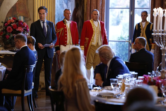 NATO Secretary General Mark Rutte, center left, addresses NATO heads of state and government during a dinner at the Paleis Huis ten Bosch ahead of the NATO summit in The Hague, Netherlands, Tuesday, J ...