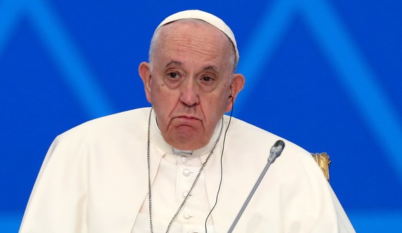 epa10182908 Pope Francis attends the opening session of the VII Congress of Leaders of World and Traditional Religions in Nur-Sultan, Kazakhstan, 14 September 2022. The Pontiff on 13 September had alr ...