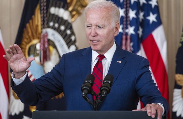 epa10001072 US President Joe Biden speaks before signing into law nine bipartisan bills aimed at improving health care for veterans in the East Room of the White House in Washington DC, USA, 07 June 2 ...