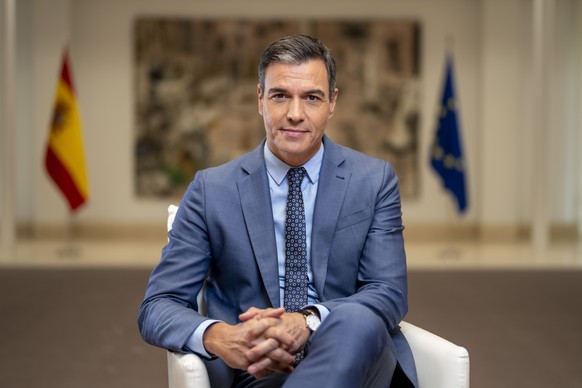 FILE - Spain&#039;s Prime Minister Pedro Sanchez poses for a portrait after an interview with The Associated Press at the Moncloa Palace in Madrid, Spain, June 27, 2022. Spanish Prime Minister Pedro S