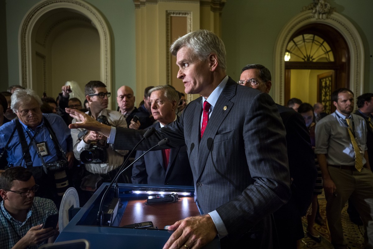 epa06228714 Republican Senator from Louisiana Bill Cassidy speaks to the media about Republican Senate Majority Leader from Kentucky Mitch McConnell's decision not to hold a vote on the Graham-Ca ...