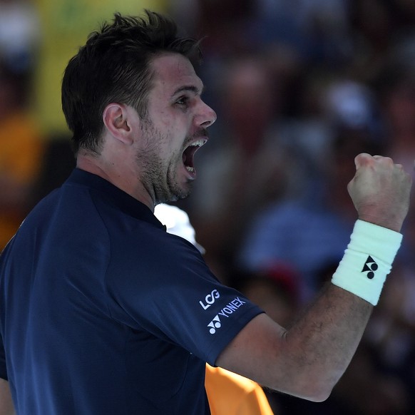 Switzerland&#039;s Stan Wawrinka shouts while playing Lithuania&#039;s Ricardas Berankis in their first round match at the Australian Open tennis championships in Melbourne, Australia, Tuesday, Jan. 1 ...