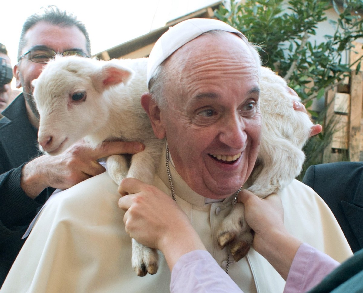 RETRANSMISSION OF OSS102 TO PROVIDE DIFFERENT CROP - In this photo provided by the Vatican paper L'Osservatore Romano Tuesday, Jan. 7, 2014, Pope Francis is placed a lamb around his neck as he vi ...
