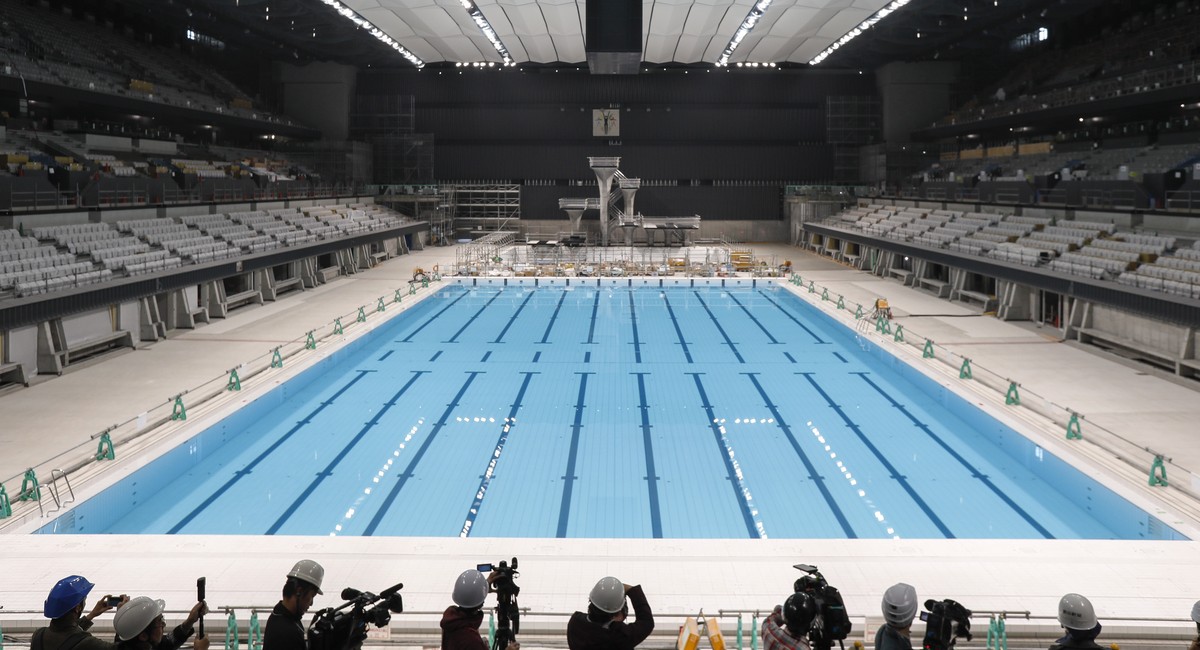 epa08013189 An interior view of Tokyo Aquatics Center, the venue for Tokyo 2020 Olympic and Paralympic Games swimming events, in Tokyo, Japan, 21 November 2019. The aquatic center is schedualed to be  ...