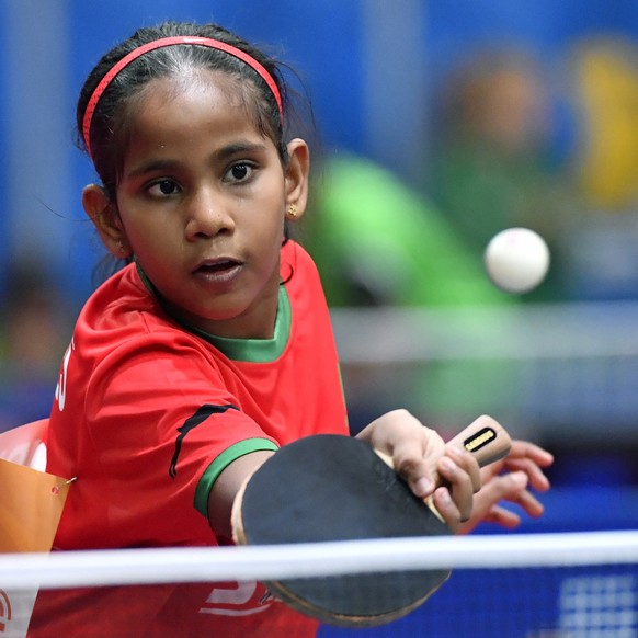 Fathimath Dheema Ali of The Maldives in action against Maja Haugen Gjelle of Norway at the World Team Table Tennis Championships 2018 at Halmstad Arena in Halmstad, Sweden, Monday April 30, 2018. (Jon ...