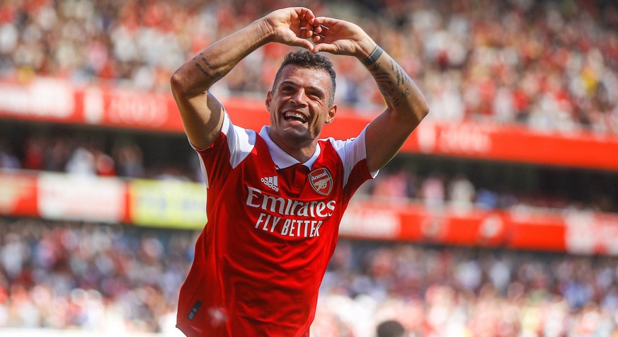 Mandatory Credit: Photo by GEORGE TEWKESBURY/PPAUK/Shutterstock 13086868x Granit Xhaka of Arsenal celebrates after scoring his side s third goal during the Premier League Match between Arsenal and Lei ...