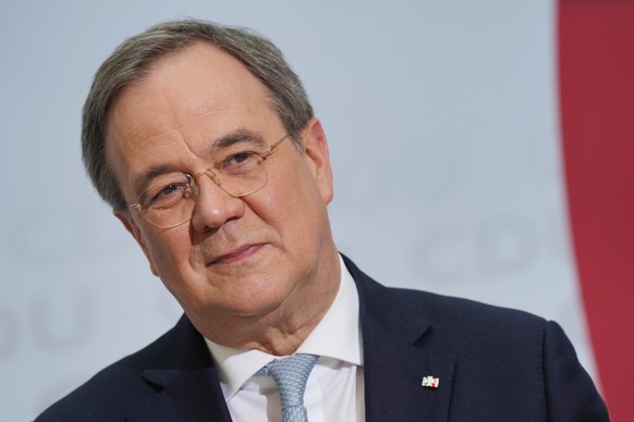 epa09130770 Armin Laschet, leader of the German Christian Democrats (CDU), speaks to the media at CDU headquarters shortly after the CDU leadership met about the chancellor candidacy, in Berlin, Germa ...