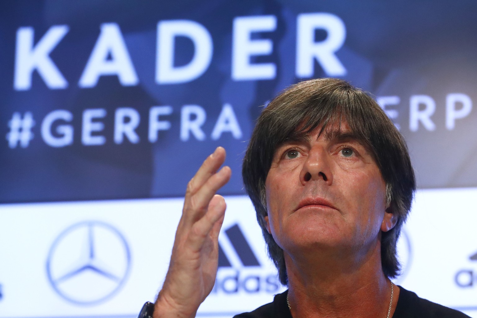 Joachim Loew, coach of the German national soccer team, gestures during his first news conference after the World Cup in Munich, Germany, Wednesday, Aug. 29, 2018. (AP Photo/Matthias Schrader)