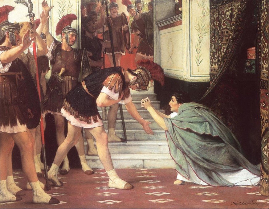 Lawrence Alma-Tadema: «Proklamation von Claudius zum Kaiser», 1867. Claudius dachte laut Sueton erst, der Soldat wolle ihn umbringen, doch er rief ihn nur zum neuen Kaiser aus.