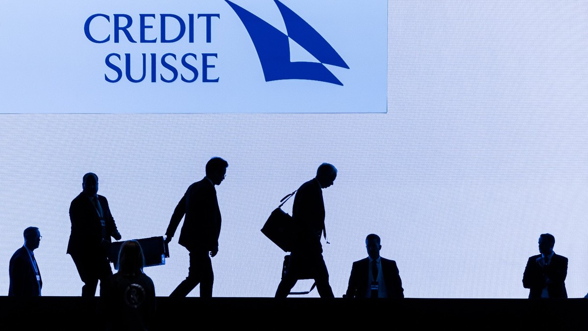 Swiss bank Credit Suisse CEO Ulrich Koerner, 3rd right, leaves the stage after the annual shareholders' meeting of the Swiss banking group on Tuesday, April 4, 2023 in Zurich, Switzerland. Swiss  ...