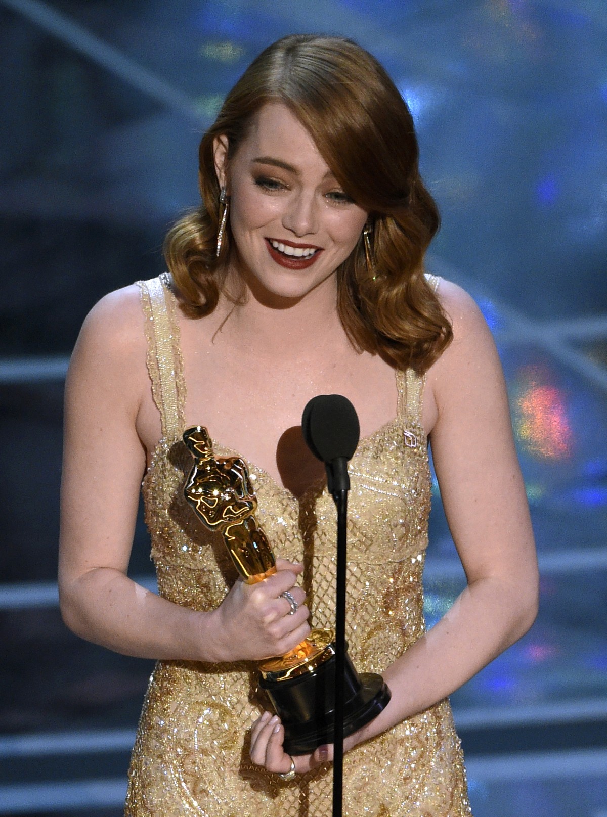 Emma Stone accepts the award for best actress in a leading role for "La La Land" at the Oscars on Sunday, Feb. 26, 2017, at the Dolby Theatre in Los Angeles. (Photo by Chris Pizzello/Invisio ...