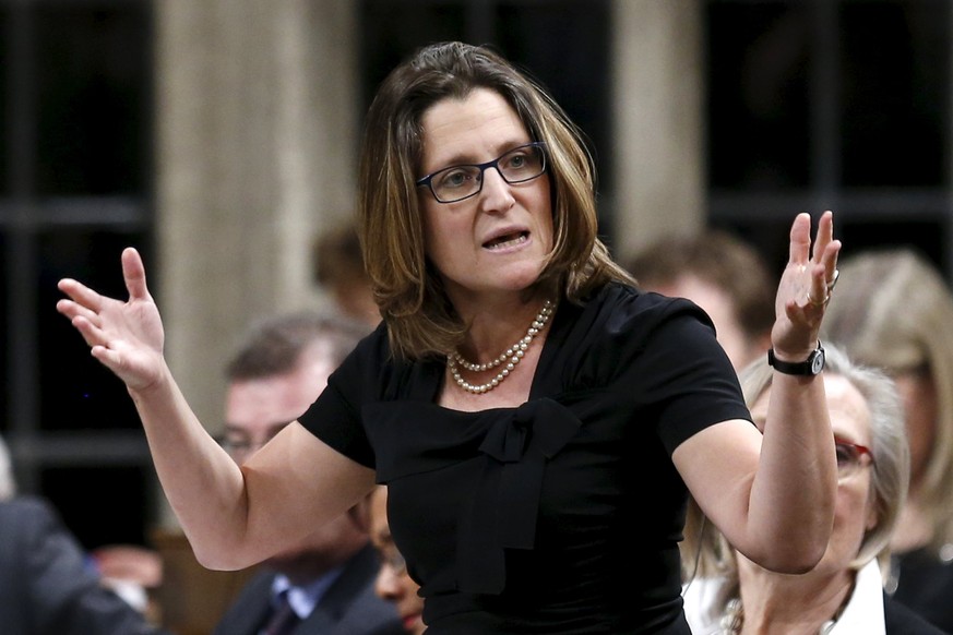 Canada&#039;s International Trade Minister Chrystia Freeland speaks during Question Period in the House of Commons on Parliament Hill in Ottawa, Canada, February 17, 2016. REUTERS/Chris Wattie