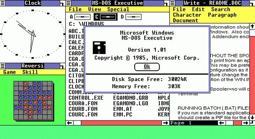 Windows 1.0 ermöglichte nur ein begrenztes Multitasking bestehender MS-DOS-Programme, die über eine einfache grafische Oberfläche bedient wurden.