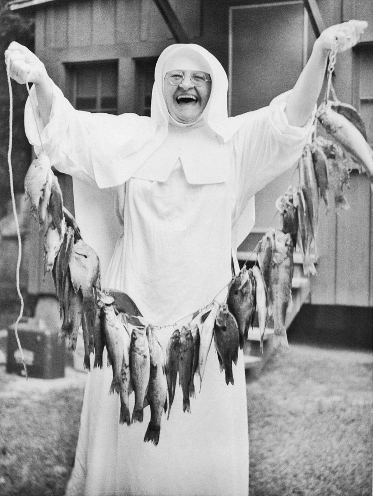This nun's story is a fisherman's delight: Sister Adelgunda went on the first fishing trip in her 70 years and came up with this handsome catch at Bear Creek Lake near Marianna, Arkansas. Si ...