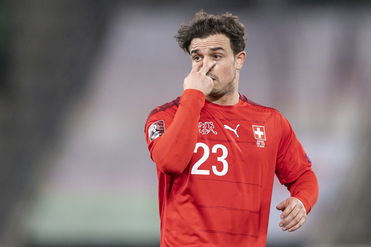 Switzerland's Xherdan Shaqiri gestures during the FIFA World Cup Qatar 2022 qualifying Group C soccer match between Switzerland and Lithuania, at the Kybunpark Stadium in St. Gallen, Switzerland, ...