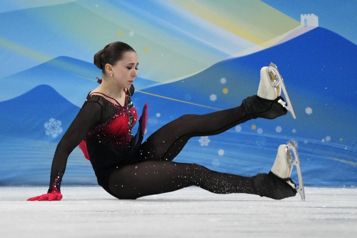 Kamila Valieva, of the Russian Olympic Committee, falls in the women's free skate program during the figure skating competition at the 2022 Winter Olympics, Thursday, Feb. 17, 2022, in Beijing. ( ...