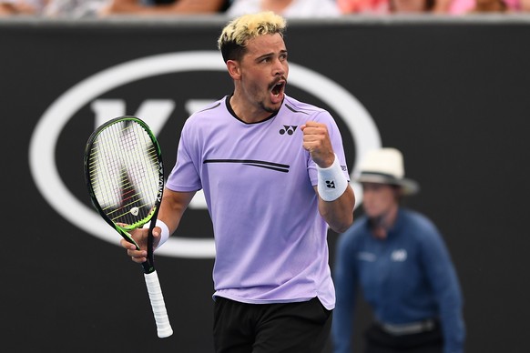 epa07291885 Alex Bolt of Australia reacts in his match against Gilles Simon of France during their second round match on day four of the Australian Open tennis tournament in Melbourne, Australia, 17 J ...