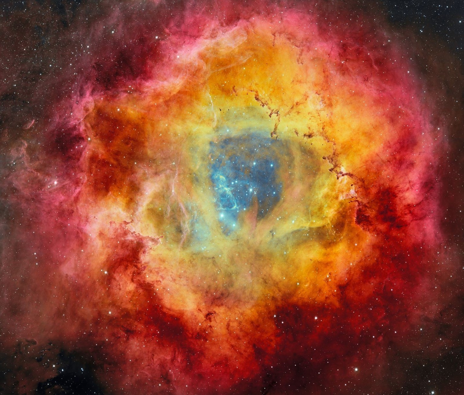 Cradled within the fiery petals of the Rosette Nebula is NGC 2244, the young star cluster which it nurtured. The cluster’s stars light up the nebula in vibrant hues of red, gold and purple, and opaque ...