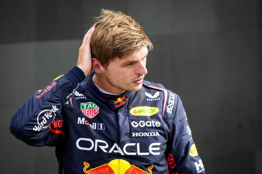 epa12340273 Second placed Red Bull Racing driver Max Verstappen of Netherlands reacts after the Formula One Dutch Grand Prix race at Zandvoort Circuit in Zandvoort, the Netherlands, 31 August 2025. EP ...