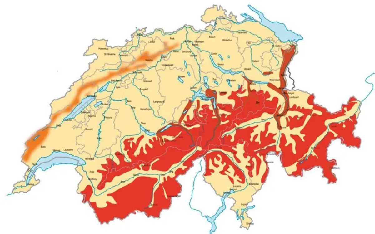 Carte des vents pour les grues de construction : orange pour les montagnes du Jura, rouge pour la zone alpine et marron pour les vallées du foehn.