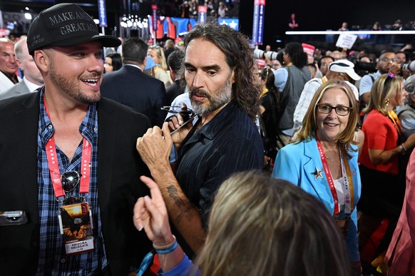 WI: 2024 Republican National Convention - Day 4 British actor Russell Brand c seen on the delegate floor on the fourth and final day of the 2024 Republican National Convention RNC at Fiserv Forum in M ...