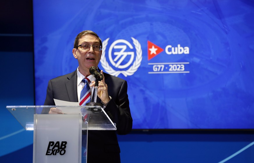 epa10858960 Cuban Foreign Minister Bruno Rodriguez speaks during a press conference ahead of the G77+China summit in Havana, Cuba, September 13, 2023. Cuba prepares to hold the Group's summit...