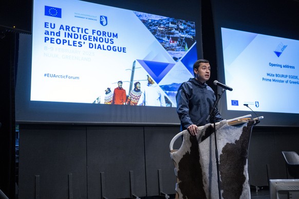 Greenland Prime Minister Mute B. Egede speaks at the opening of EU Arctic Forum in Nuuk, Greenland Wednesday, Feb. 8, 2023. (Leiff Josefsen/Ritzau Scanpix via AP)