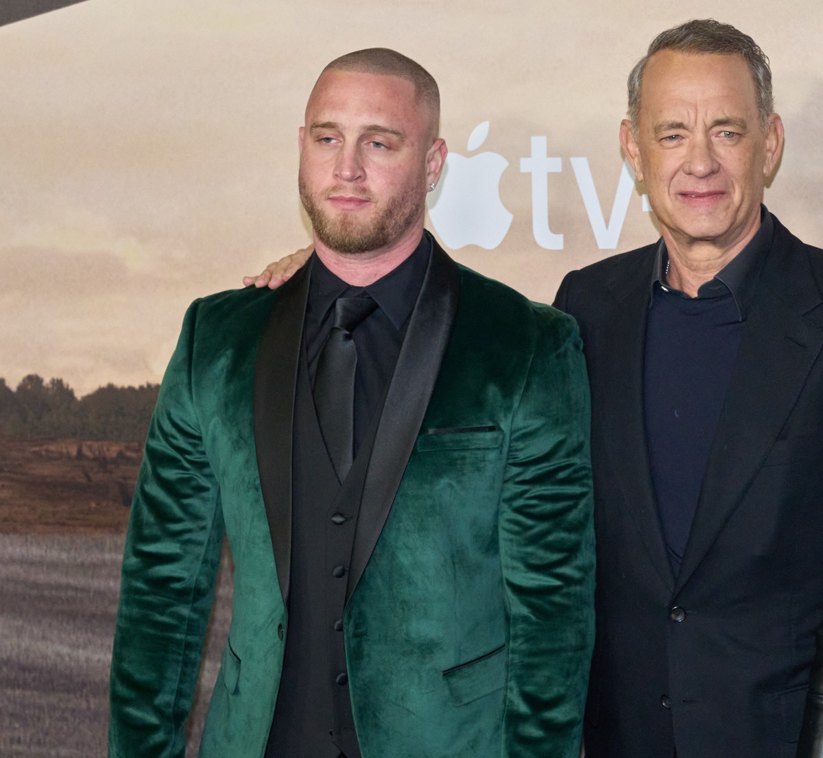 epa11068588 (L-R) US actors Chet Hanks, Tom Hanks, Rita Wilson, and Truman Hanks attend the 'Masters of the Air' TV series premiere at the Regency Village Theatre in Westwood, California, US ...