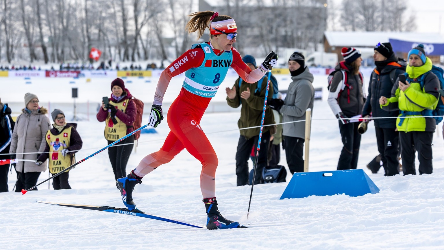 Nadine Faehndrich of Switzerland competes, during the women's sprint qualification classic skiing race, during the FIS Cross-Country World Cup at the Nordic Center Goms, in Geschinen, Switzerland ...