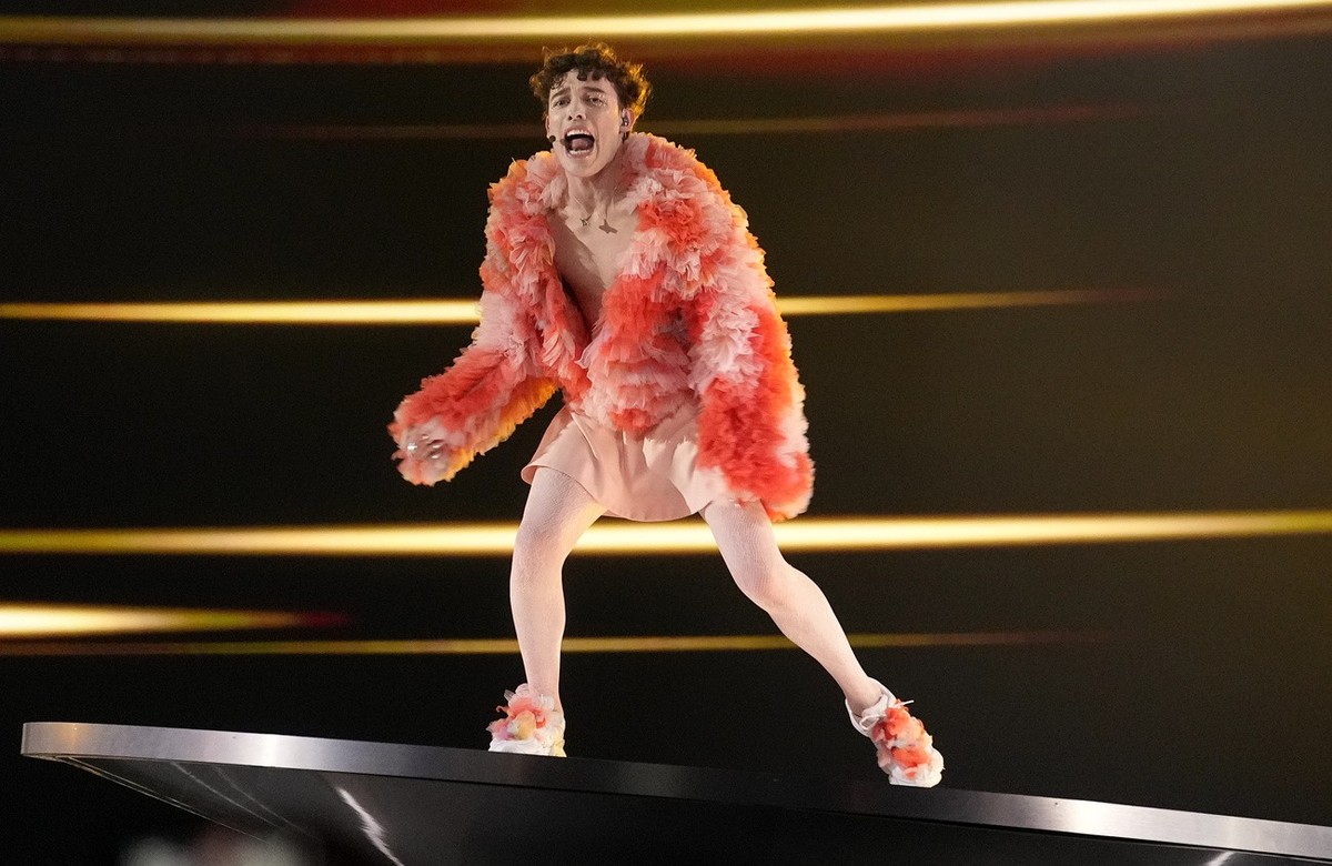Nemo of Switzerland performs the song The Code during the Grand Final of the Eurovision Song Contest in Malmo, Sweden, Saturday, May 11, 2024. (AP Photo/Martin Meissner)