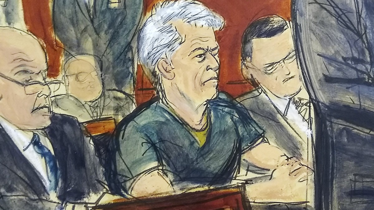 In this courtroom artist's sketch, defendant Jeffrey Epstein, center, listens as Assistant U.S. Attorney Alex Rossmiller, right, addresses the court during Epstein's arraignment, Monday, Jul ...