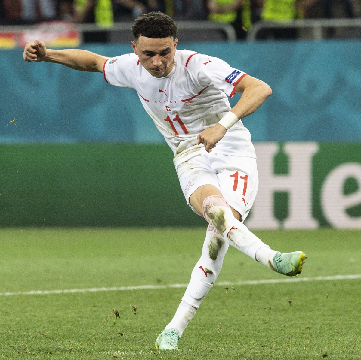 Switzerland's midfielder Ruben Vargas shoots his penalty during the Euro 2020 soccer tournament round of 16 match between France and Switzerland at the National Arena stadium, in Bucharest, Roman ...