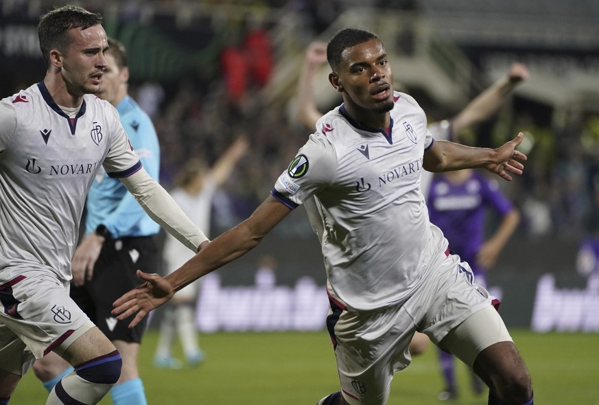 Basel 1893&#039;s Andy Diouf celebrates after scoring the goal of 1-1 during a Conference League first leg semifinal soccer match between FC Basel 1893 and ACF Fiorentina, at Artemio Franchi Stadium,  ...