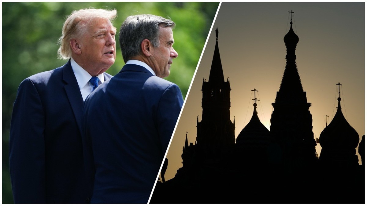 Donald Trump et le directeur de la CIA, John Ratcliffe, à Washington. A droite, une silhouette de la cathédrale Saint-Basile au soleil couchant.