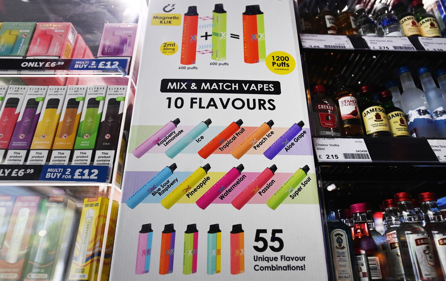 epa10663148 Vaping products at a store in London, Britain, 30 May 2023. The UK government has announced it is cracking down on retailers providing free vape samples for children. The government?s new  ...