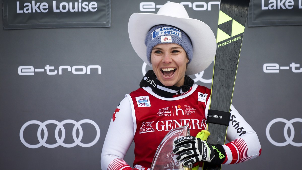 Austria's Nicole Schmidhofer celebrates her win in the women's World Cup downhill ski race, Saturday, Dec. 7, 2019 in Lake Louise, Alberta. (Jeff McIntosh/The Canadian Press via AP)