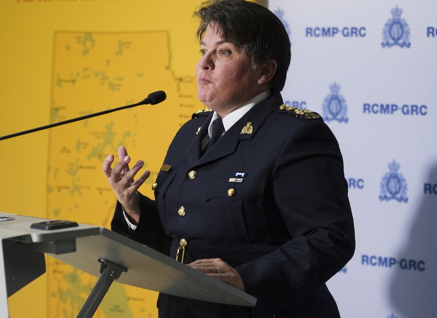 Royal Canadian Mounted Police Assistant Commissioner Jane MacLatchy speaks at a news conference in Winnipeg, Manitoba, Wednesday, Aug. 7, 2019. Canadian police said Wednesday they believe two fugitive ...