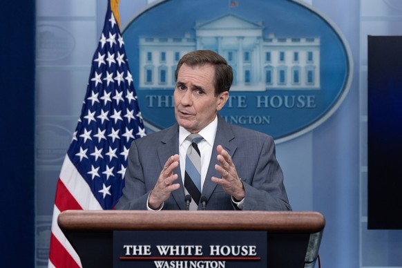 epa10998000 National Security Council (NSC) Coordinator for Strategic Communications John Kirby participates in a news conference during which he faced questions on the situation in Israel and Gaza, i ...