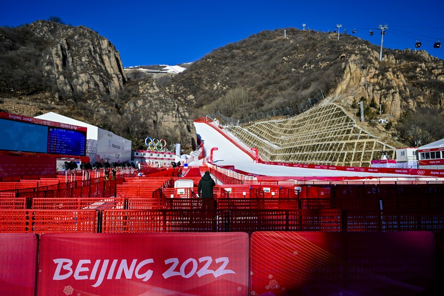 epa09724426 The finish area is pictured during the men&#039;s downhill training at the 2022 Olympic Winter Games in Yanqing, China, 03 February 2022. EPA/JEAN-CHRISTOPHE BOTT