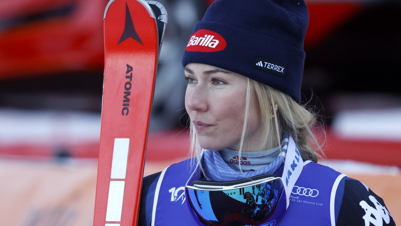 United States&#039; Mikaela Shiffrin looks on after taking second place in an alpine ski, women&#039;s World Cup giant slalom race, in Jasna, Slovakia, Saturday, Jan. 20, 2024. (AP Photo/Giovanni Mari ...