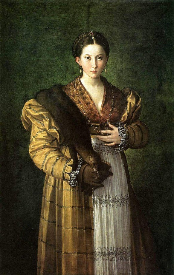 Antea oder Porträt einer jungen Frau, gemalt von Parmigianino zwischen 1524 und 1527. Sie berührt erwartungsvoll ihren Schoss, während sie mit der anderen Hand den Marder an seiner Nasenkette hält. Das Bild hängt im Museo di Capodimonte in Neapel.