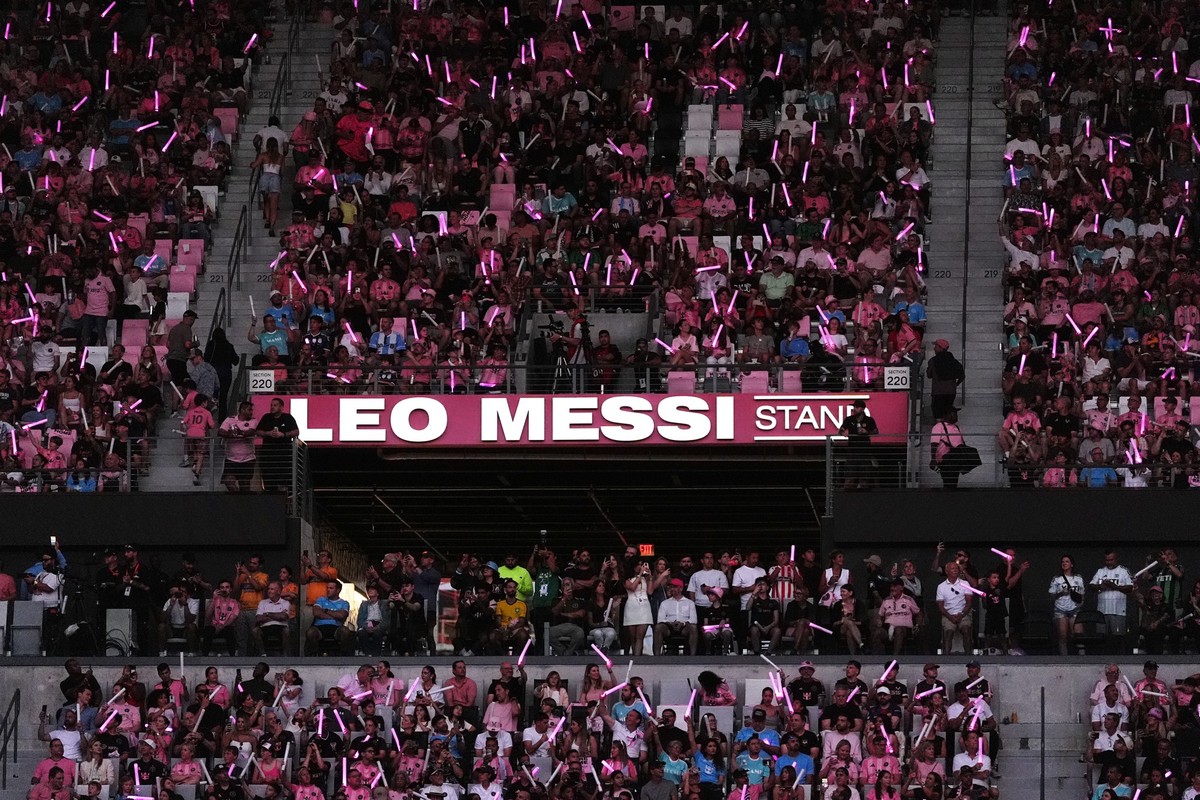 Fans watch from a section of the stands named for Inter Miami forward Lionel Messi, at the start of the first MLS soccer match played in Nu Stadium, Inter Miami's new home stadium, against Austin ...